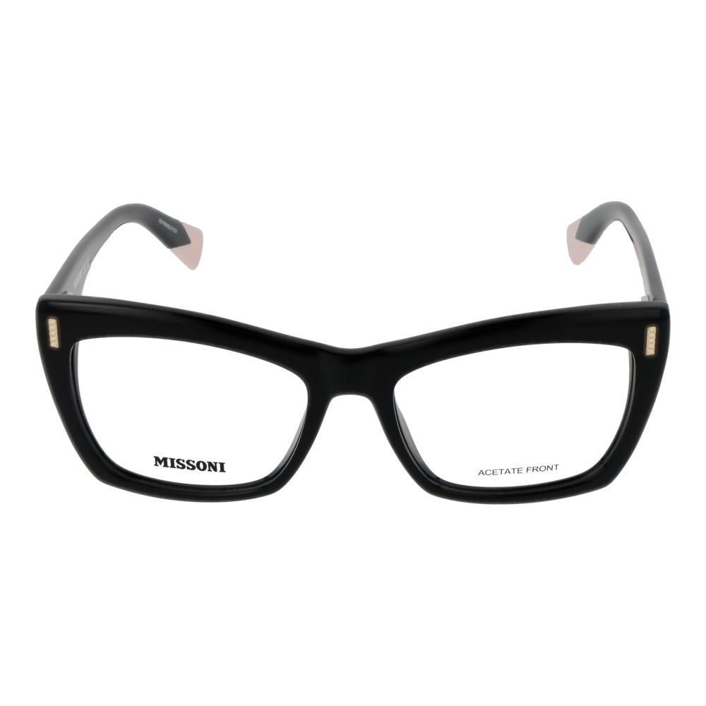 Missoni Black Women Glasses Frame in acetate, full-rim butterfly style with demo plastic lenses, includes branded case.