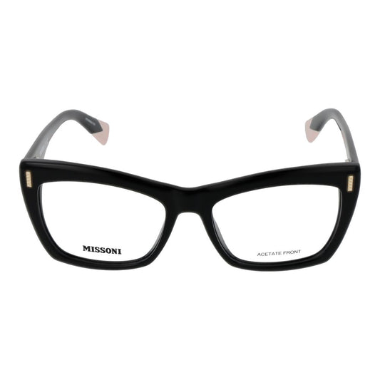 Missoni Black Women Glasses Frame in full-rim acetate, butterfly style with demo lenses; size 53-17-145; includes branded case.