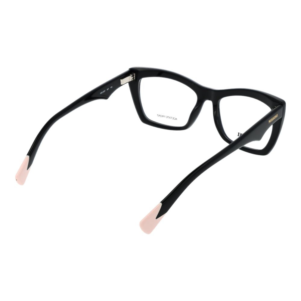 Missoni Black Women Glasses Frame in black acetate with full-rim butterfly style and demo lenses, shown with branded case.
