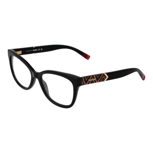 Missoni Black Women Glasses Frame with cat eye style, acetate full-rim, demo lenses, spring hinge included in branded case.