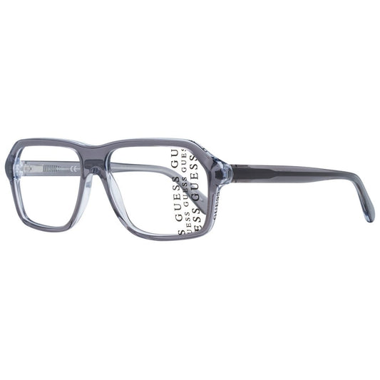 Guess Gray Men Glasses Frame in full-rim grey plastic with a rectangle shape and spring hinge, designed for men. Includes branded case.