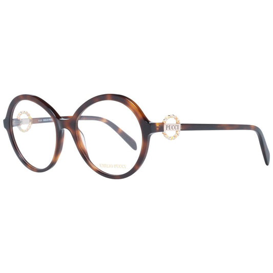 Emilio Pucci Brown Women Glasses Frame in full-rim style with round lenses and plastic material, featuring branded details.