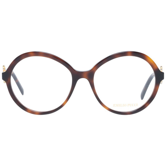 Emilio Pucci Brown Women Glasses Frame, full-rim round style, plastic material, demo lenses, brown color.
