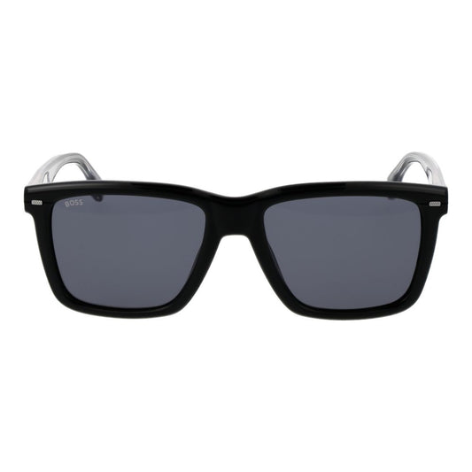 Hugo Boss Black Men Sunglass with black acetate frame and grey plastic lenses, 100% UVA & UVB protection, full-rim rectangle style.
