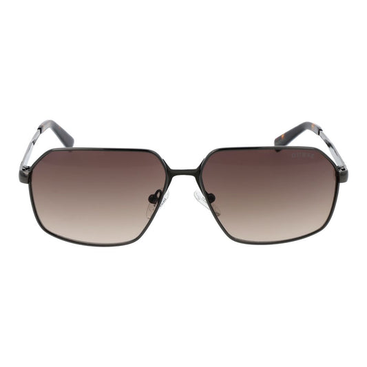 Guess Gray Men Sunglass with gunmetal frame, full-rim rectangle style, and brown gradient plastic lenses. Includes branded case.