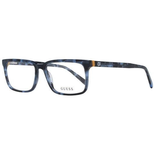 Guess Blue Men Glasses Frame with full-rim plastic rectangle design, size 54-15-145, includes branded case, ideal for stylish men.