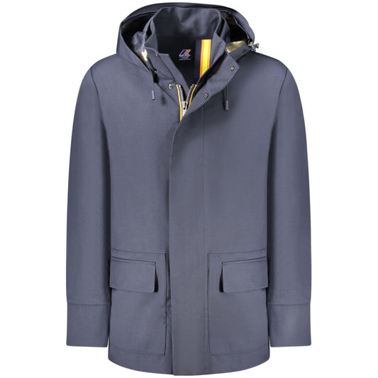 K-WAY Blue Wool Men Trench Coat with removable hood and multiple pockets, offering stylish protection against the elements.