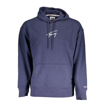 Men's Tommy Hilfiger Blue Cotton Sweater with embroidery logo, eco-friendly design, and central pocket for casual style.