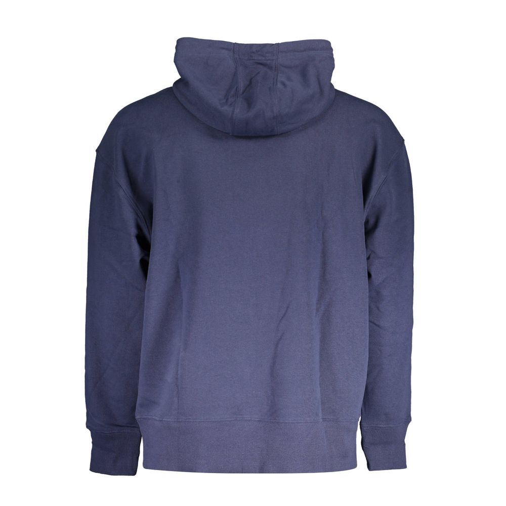 Back view of Tommy Hilfiger Blue Cotton Men Sweater with hood, made from recycled fibers, showcasing classic design and iconic embroidery.