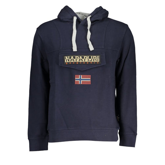 Napapijri Blue Cotton Men Sweater with hood and logo, featuring contrast details and a central pocket.