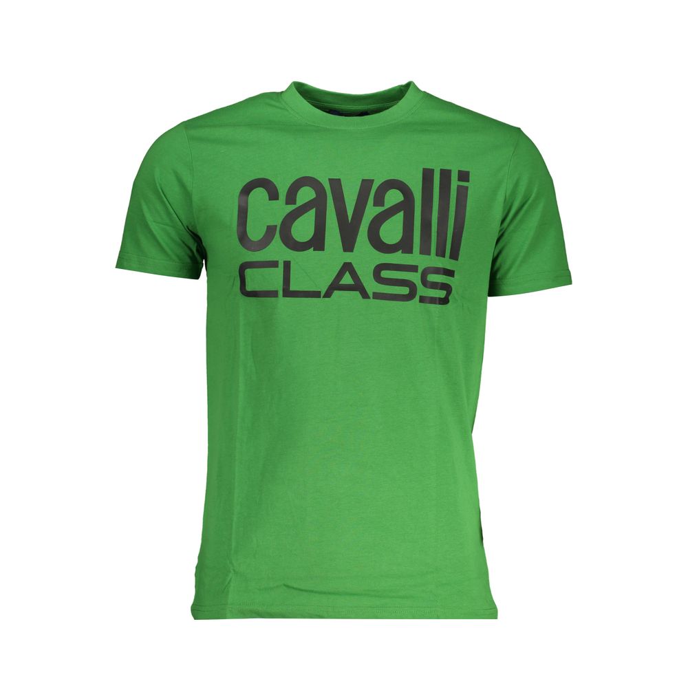 Cavalli Class Green Cotton T-Shirt with short sleeves, crew neck, and logo print front view