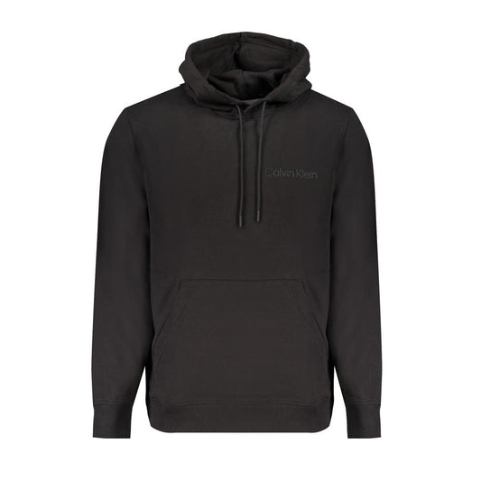 Calvin Klein Black Cotton Men Sweater with logo, hood, and central pocket, made with 95% regenerative cotton for eco-conscious style.