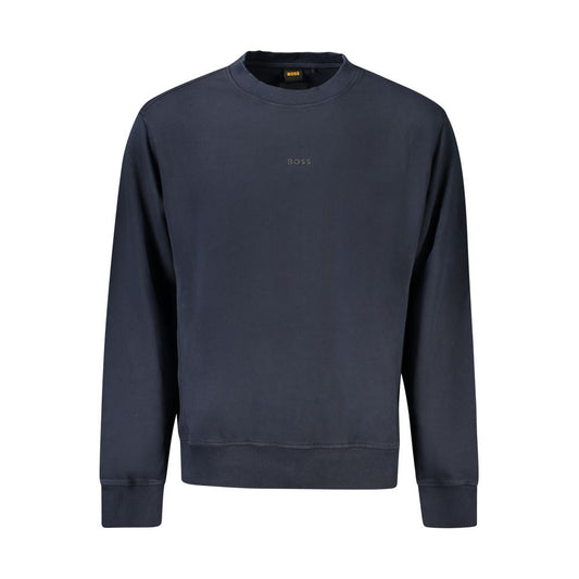 Hugo Boss Blue Cotton Men Sweater with crew neck and logo print, stylish long sleeve design for casual luxury fashion.
