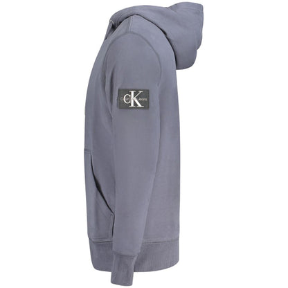 Side view of a Calvin Klein Blue Cotton Men Sweater with hood and logo patch, made from 95% regenerative cotton for casual style.