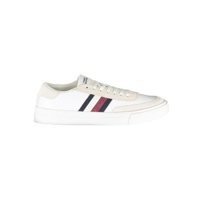 Tommy Hilfiger White Polyester Sneaker with laces and contrast details, featuring logo. Sports footwear.