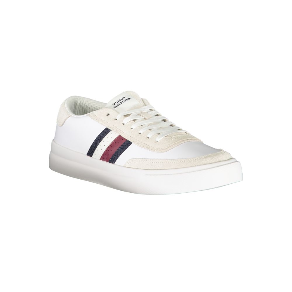 Tommy Hilfiger White Polyester Sneaker with laces, contrast details, and logo, perfect for sports footwear enthusiasts.