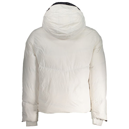 K-WAY White Polyester Men Jacket with hood and detailed stitching, rear view showcasing sleek design and comfort features.
