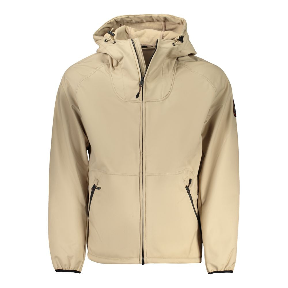 Napapijri Beige Recycled Polyester Men Jacket with hood and zip, showcasing stylish and functional outdoor wear for men.