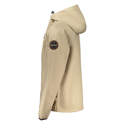 Side view of Napapijri Beige Recycled Polyester Men Jacket with hood and logo appliqué, showcasing modern style and sustainability.