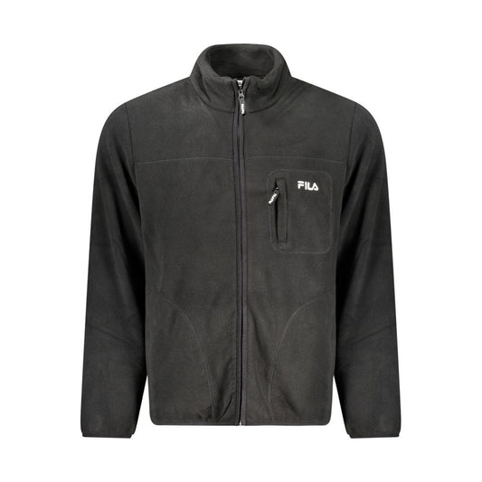 Fila Black Polyester Men Jacket with iconic embroidery, fleece material, long sleeves, and multiple pockets for urban adventurers.