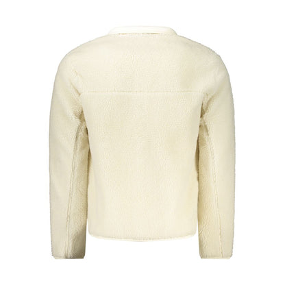 Back view of Napapijri White Polyester Men Jacket with fleece texture and long sleeves, showcasing eco-conscious design.