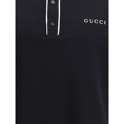 Gucci Black Cotton Polo Shirt with classic collar, contrasting buttons, and iconic monogram, offering sporty elegance for AW25.