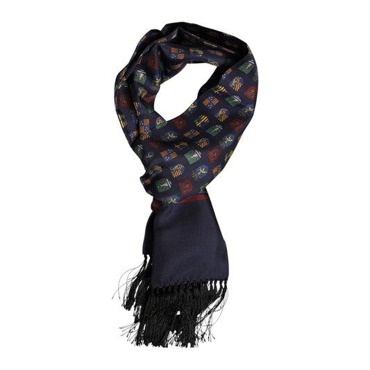 Dolce & Gabbana Blue Silk Printed Fringes Foulard Scarf