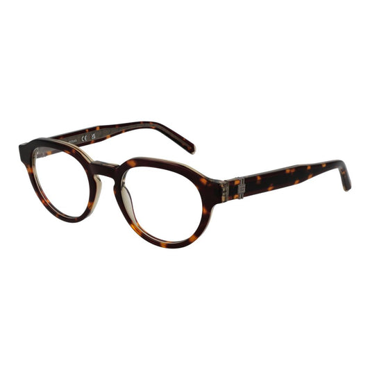 Guess Brown Men Glasses Frame in acetate, round style, full-rim, with demo lenses, spring hinge; includes branded case.