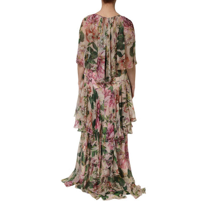 Dolce & Gabbana Pink Floral Print Tiered Long Maxi Dress