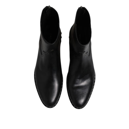 Dolce & Gabbana Black Leather Logo Ankle Boots Studded Shoes