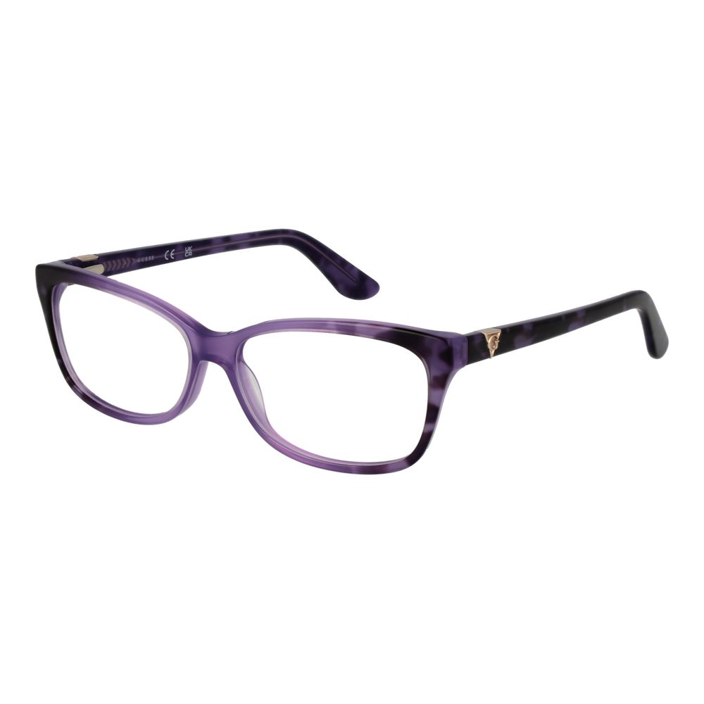 Guess Purple Women Glasses Frame, acetate full-rim with demo lenses, rectangle style, 56-14-140 size with spring hinge and branded case.