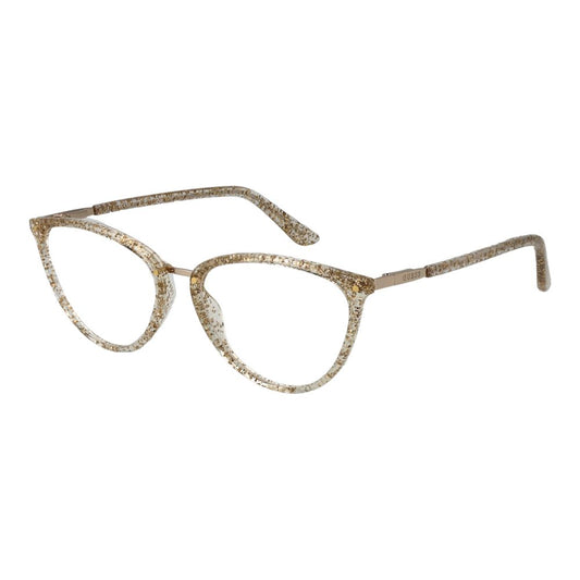 Guess Gold Women Glasses Frame, cat eye style, gold plastic full-rim, demo lenses, spring hinge, size 53-16-140, includes branded case.