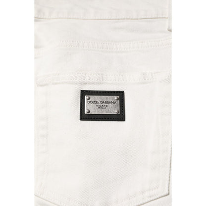 Dolce & Gabbana White Cotton Logo Plaque Slim Fit Denim Jeans