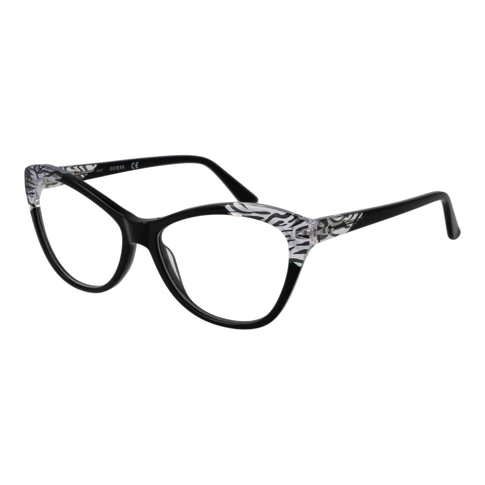 Guess Black Women Glasses Frame in full-rim cat eye style with black plastic frame and demo lenses, includes branded case.