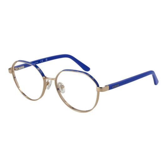 Guess Gold Women Glasses Frame in full-rim metal, gold with blue temples, style round, includes branded case, women's fashion eyewear.