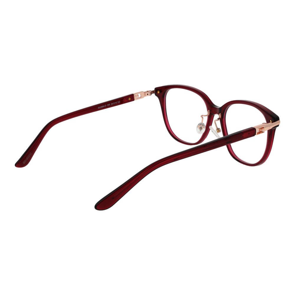 Guess Burgundy Women Glasses Frame in acetate with full-rim round style, lens width 54, frame width 140, temples length 140.