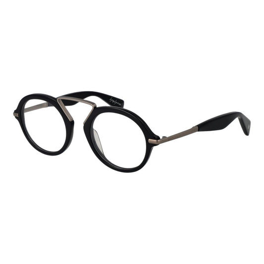 Yohji Yamamoto Black Men Glasses Frame, full-rim round style with black plastic frame, demo lenses, and branded soft case included.