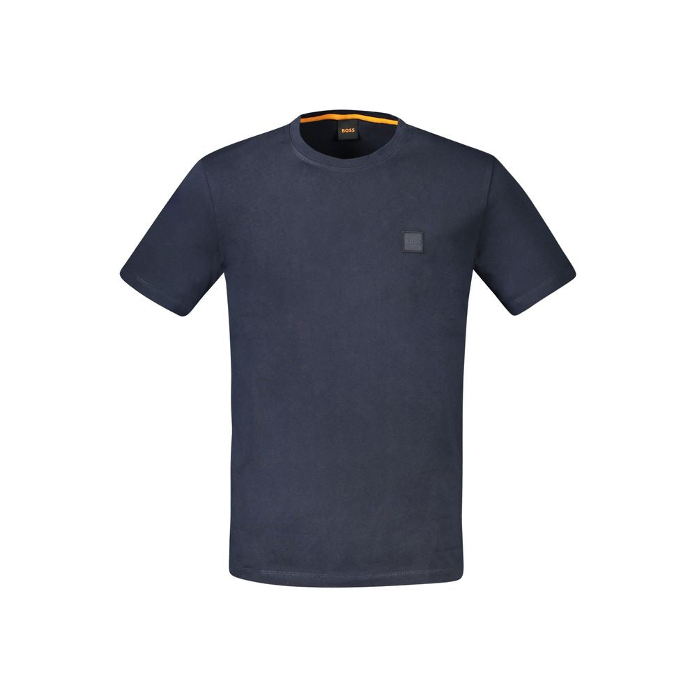 Hugo Boss Blue Cotton Men T-Shirt, short sleeve crew neck, embroidered logo, luxury casual wear.