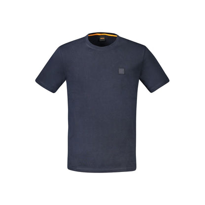Hugo Boss Blue Cotton Men T-Shirt, short sleeve crew neck, embroidered logo, luxury casual wear.
