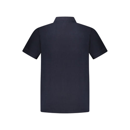 Alt Tag: Back view of Hugo Boss Blue Cotton Polo Shirt with short sleeves, 2 buttons, and logo print