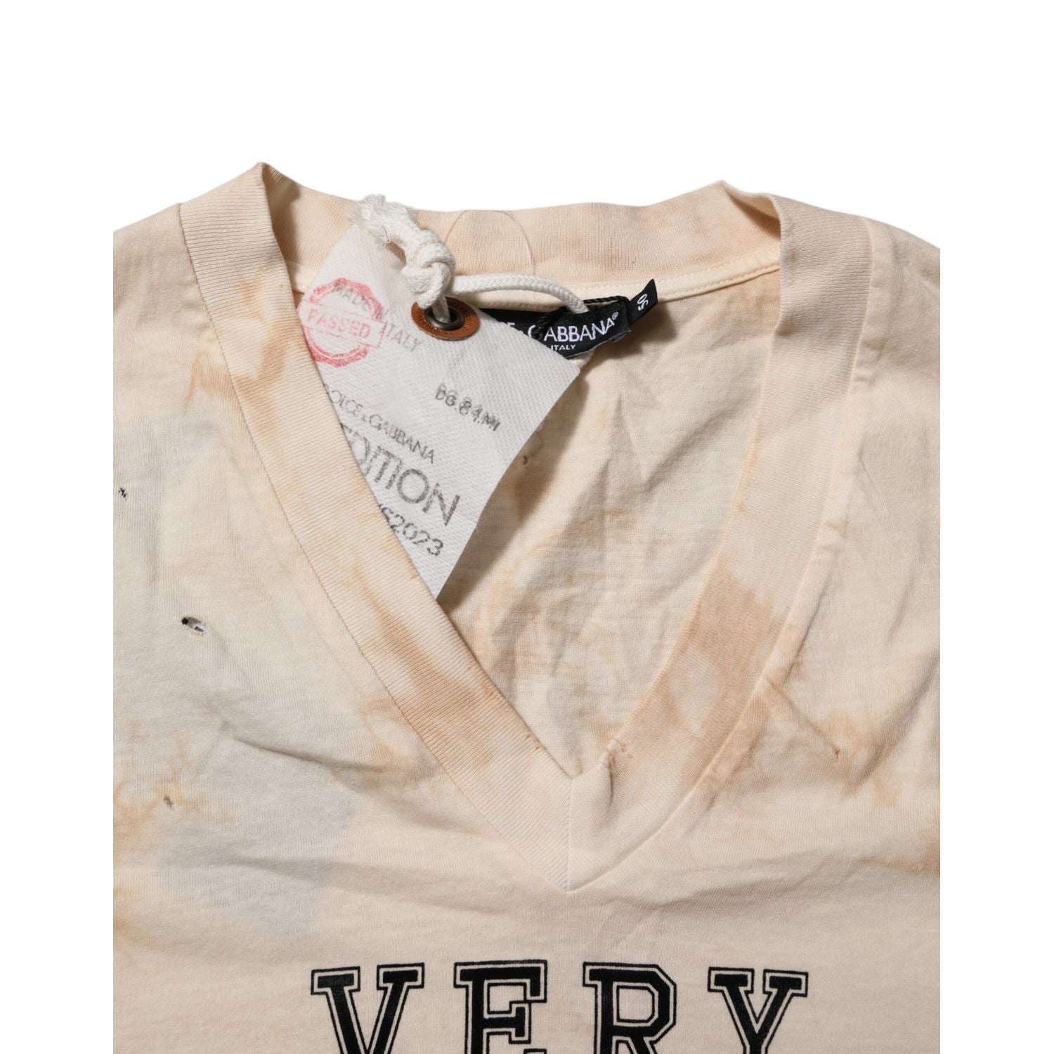 Dolce & Gabbana Beige Logo Print Short Sleeve V-neck T-shirt