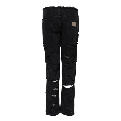 Dolce & Gabbana Black Cotton Tattered Mid Waist Denim Jeans