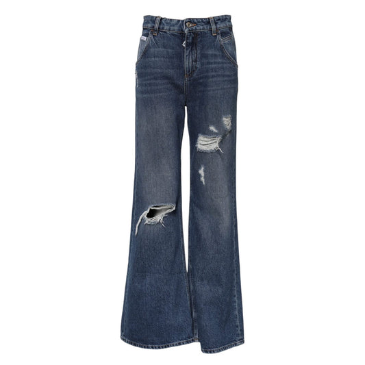 Dolce & Gabbana Blue Cotton Wide Leg Tattered Denim Jeans