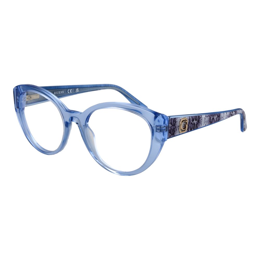 Guess Blue Women Glasses Frame in full-rim acetate design, size 53-19-140, featuring blue demo lenses and spring hinge, includes branded case.