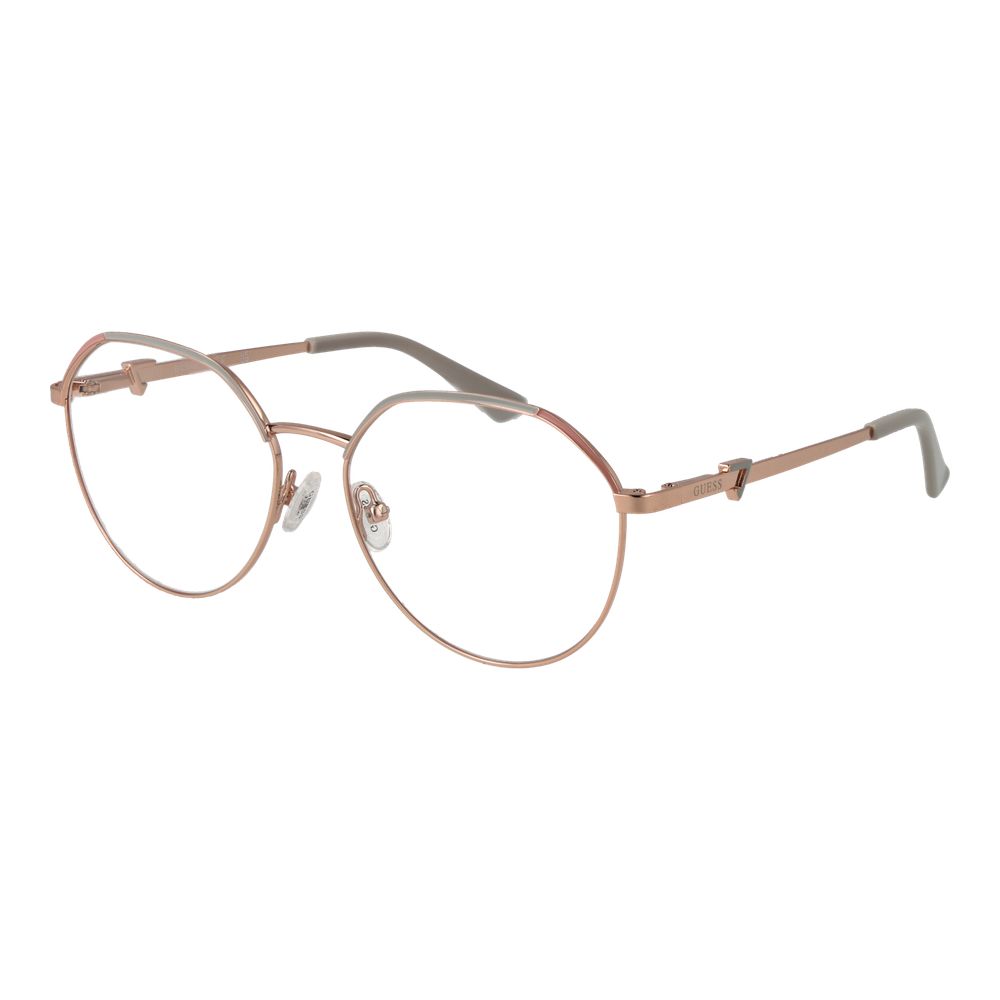 Guess Rose Gold Women Glasses Frame with metal round full-rim design, demo lenses, and spring hinge, including branded case.