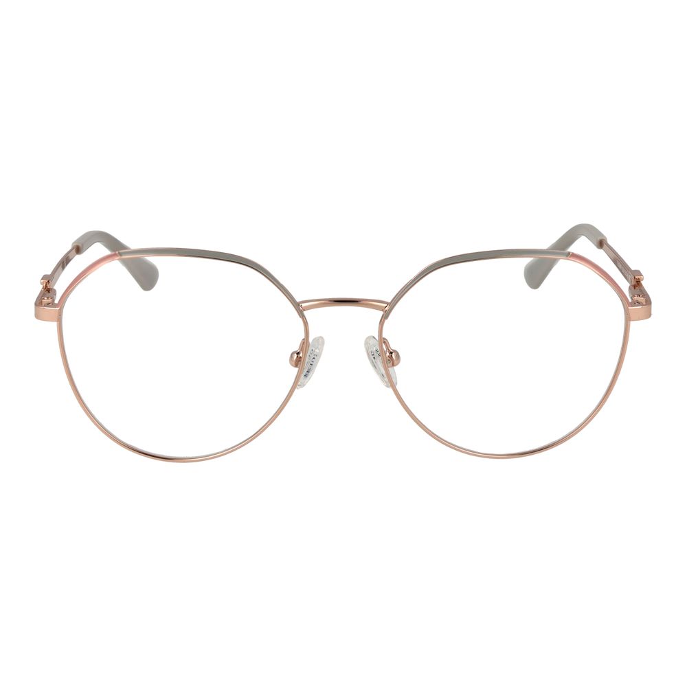 Front view of Guess Rose Gold Women Glasses Frame, full-rim metal frame with demo lenses, round style, spring hinge, includes branded case.