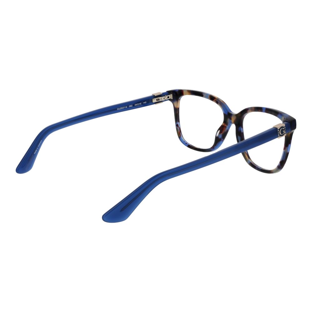 Guess Blue Women Glasses Frame, full-rim rectangle style, plastic material, blue color, size 49-15-140, with spring hinge.
