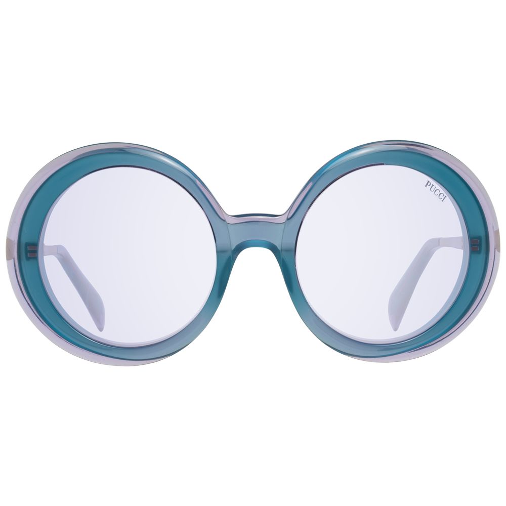 Emilio Pucci Turquoise Women Sunglass with round purple plastic lenses and turquoise metal-plastic frame, full-rim style with UV protection.