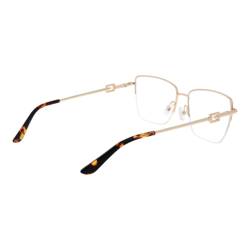 Guess Gold Women Glasses Frame, metal half-rim with demo lenses, trapezium style.