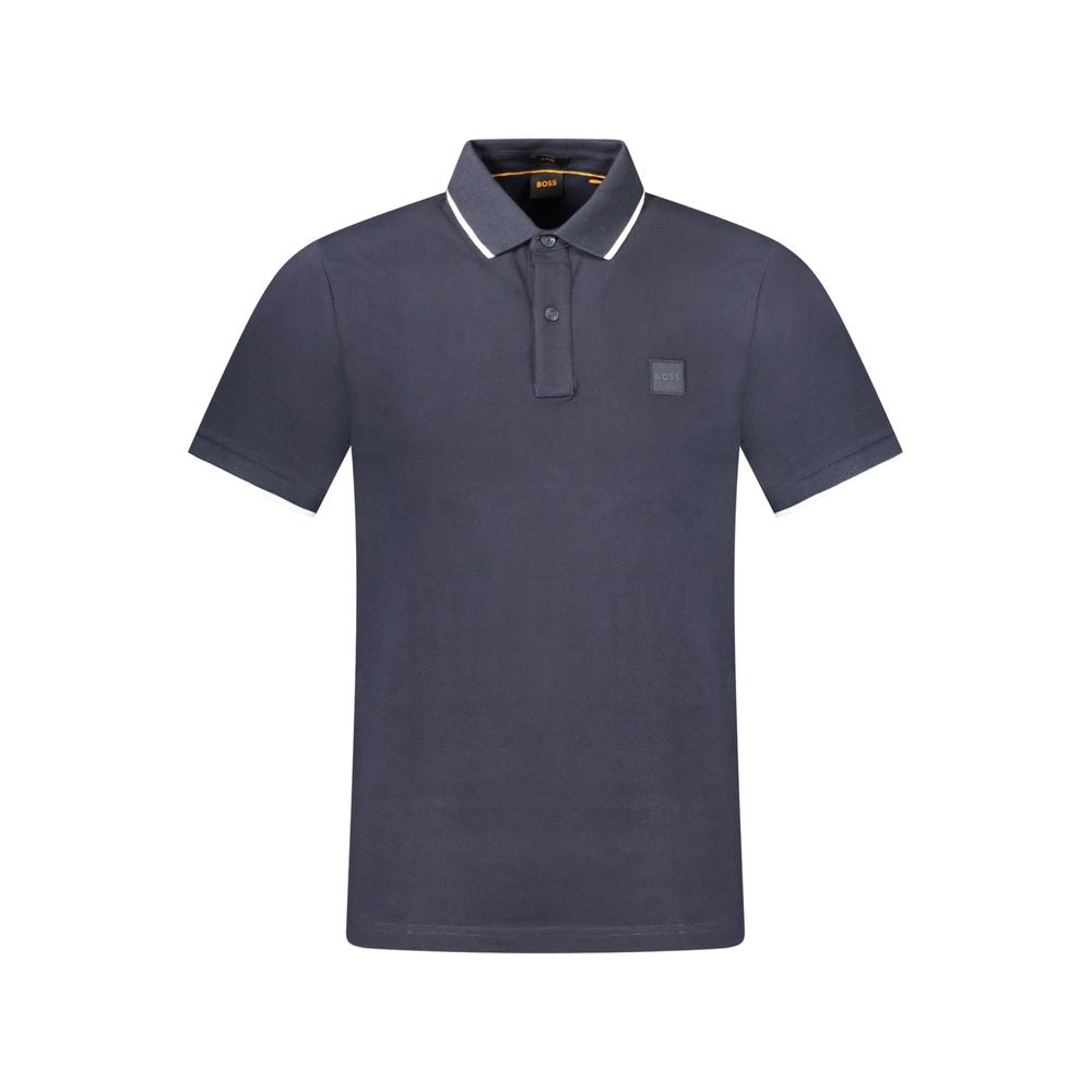 Hugo Boss Blue Cotton Polo Shirt with short sleeves, slim fit, two buttons, contrasting details, embroidery, and logo